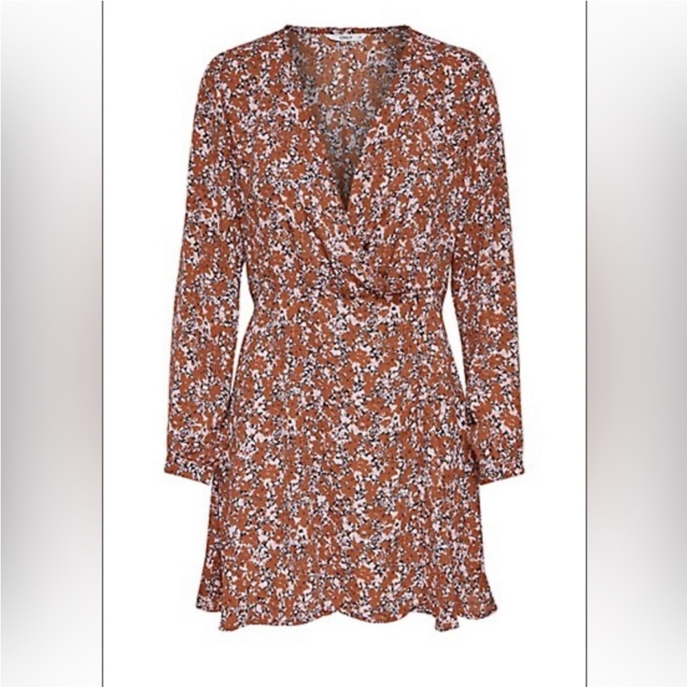 NWOT Floral Print V-Neck Adjustable Wrap Dress | Brown & Pink